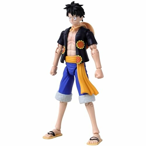 Anime action figure with black hair and blue shorts.