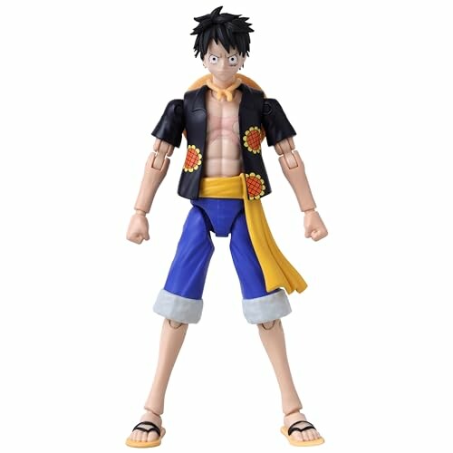 Anime character action figure with black hair, wearing a black jacket, blue shorts, and sandals.