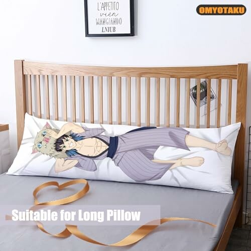 Anime body pillow on wooden bed frame.