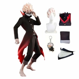 Anime character costume set with accessories including a wig, keychain, and scarf.