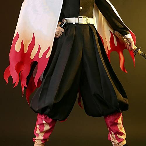 Anime character with flame-themed cape and sword.