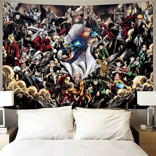 Colorful tapestry of various anime characters above a bed.