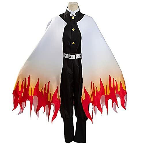 Anime cosplay costume with flame-patterned cape.