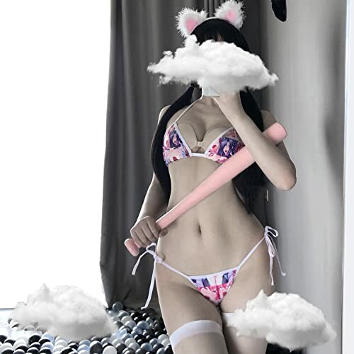 YOMORIO Cute Micro Bikini Lolita Japanese Anime Bra and Panty Set Cosplay Thong Bikini