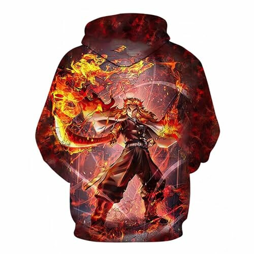 Anime character with fire-themed design on hoodie