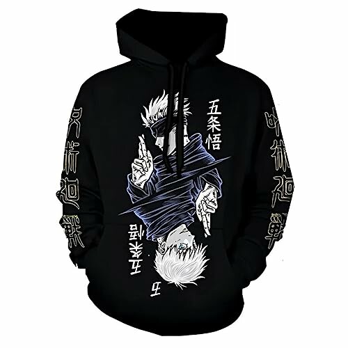 Black hoodie with dual anime characters and Japanese text