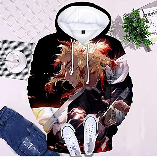 Anime-themed hoodie with jeans and sneakers displayed on a surface