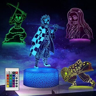 Colorful anime LED lamp with four character designs.