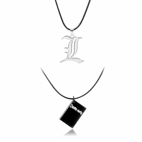 Anime-themed necklace with Death Note pendant and L letter charm.