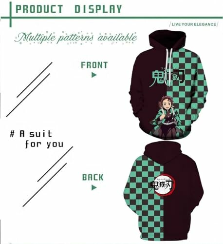 Anime-inspired hoodie with checkered pattern and character illustration.