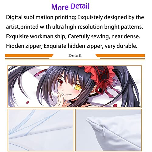 Anime character pillowcase with detailed printing and hidden zipper.