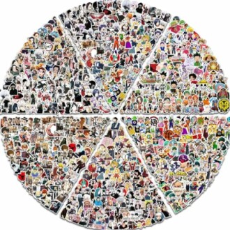 Collage of various anime character stickers arranged in a circular pattern.