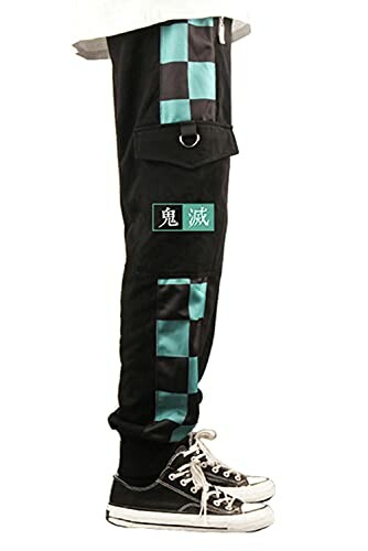 Side view of black pants with teal checkered pattern and Japanese characters.