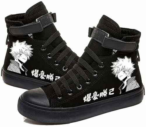 Black sneakers with anime character design and Japanese text.