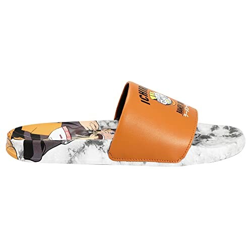 Anime-themed slide sandal with orange strap and marble-patterned sole.