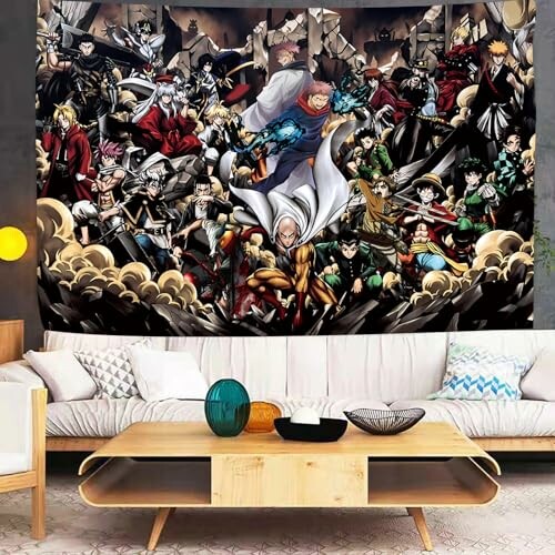 Anime characters wall art in a living room setting.