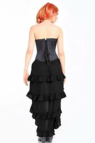 Woman in black corset and ruffled skirt, back view.