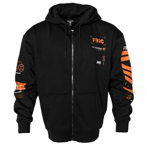 Black hoodie with orange graphic design on sleeves and chest