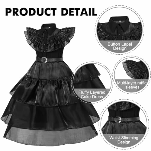 Black layered dress with button lapel, ruffle sleeves, and waist-slimming design