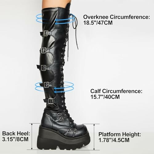 Black thigh-high platform boots with measurement details.