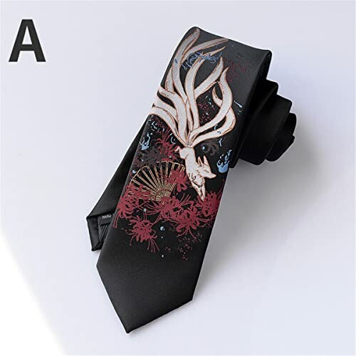 Black tie with artistic design featuring abstract patterns and floral elements.