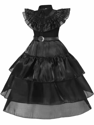 Black tiered dress with ruffled collar and belt