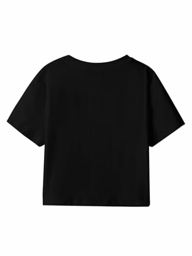 Back view of a black t-shirt with short sleeves.