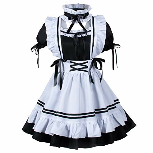 Black and white maid dress costume with ruffled edges and ribbon details.