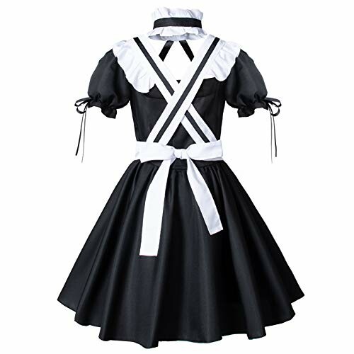 Back view of a black and white maid dress with puff sleeves and apron.