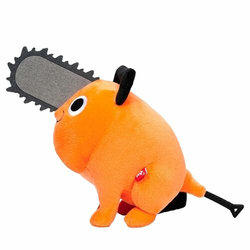 Orange plush toy resembling a dog with a chainsaw on its head.