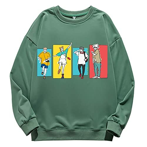 Green sweatshirt with colorful dancing figures graphic.