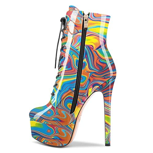 Colorful platform high heel boot with abstract swirl pattern