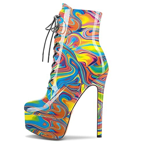 Colorful swirl-patterned platform boot with high heel.