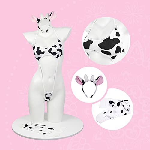 Cow print bikini set with headband and accessories on display