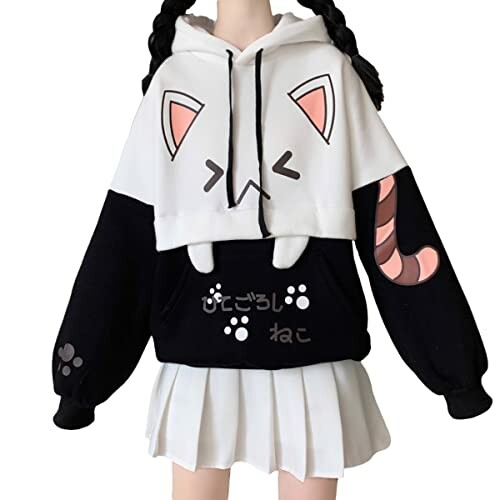 Cute cat-themed hoodie with a white pleated skirt.