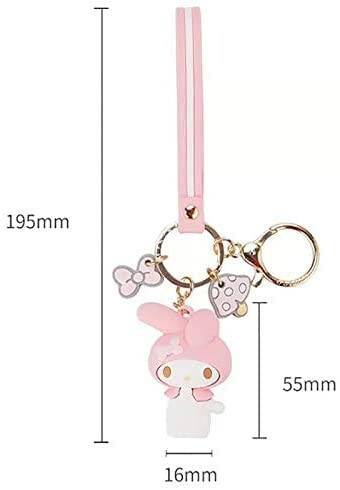 Pink cartoon character keychain with charms and dimensions.