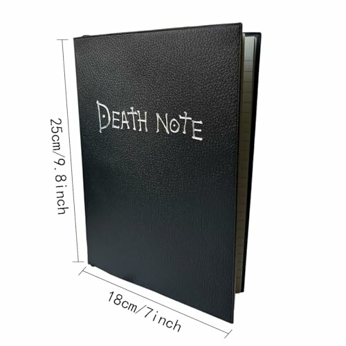 Black notebook with 'Death Note' text on cover, showing dimensions.