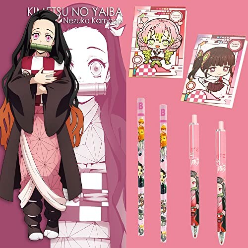 Demon Slayer Nezuko Kamado merchandise set with pens and cards.