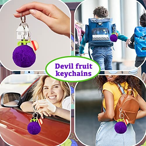 Collage of devil fruit keychains with people using them on bags and in a car.