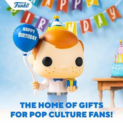 Funko Pop figure with birthday theme and gifts.