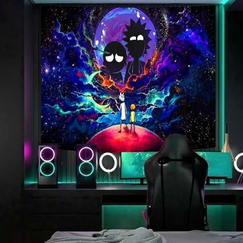 Gaming setup with a vibrant space-themed poster featuring two silhouetted characters and cosmic background.