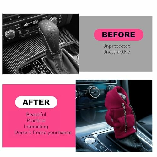 Before and after comparison of a gear shift with and without a protective cover - the Gear Shift Hoodie Cover in action.