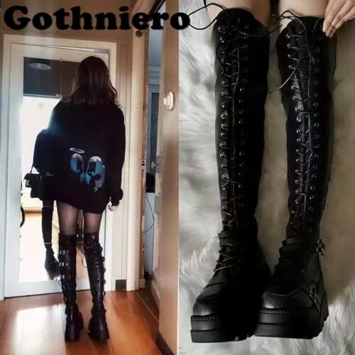 Person in gothic outfit with tall lace-up boots.