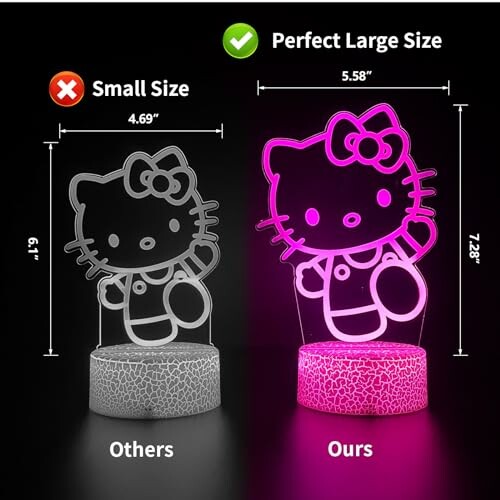 Size comparison of Hello Kitty 3D lamps, showing small and large sizes.