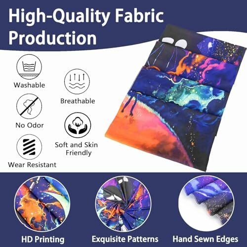 Colorful fabric with features like washable, breathable, no odor, soft, skin-friendly, wear-resistant; includes HD printing, exquisite patterns, hand-sewn edges.