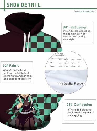 Hoodie with green checkered pattern and detailed design features.