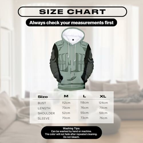 Hoodie size chart with measurements for bust, length, shoulder, and sleeve in sizes M, L, XL.