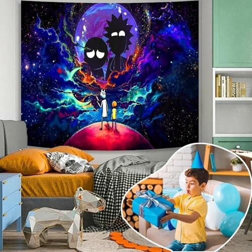 Colorful space-themed tapestry in a child's room with a boy holding a gift.