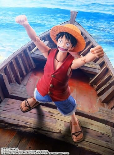 Luffy action figure standing on a wooden boat.