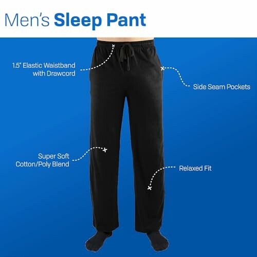 Men's sleep pants with elastic waistband, side pockets, and relaxed fit.